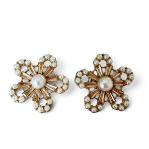 Vintage Faux Pearl Champagne Baguette Rhinestone Flower Stud Earrings Gold Desc